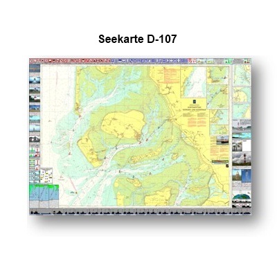 Seekarte D-107 mit Erklrung der Verbots und Gebotschilder, Betonnung, Leitfeuer, Quermarkenfeuer, Richtfeuer, Lichterfhrung der Seefahrzeuge und die Leuchttrme der Seekart3e. Gre ca. 90cm x 120cm.