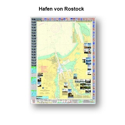 Hafen von Rostock. (ist auch als Leuchtkarte erhltlich.) mit Erklrung der Verbots -und Gebotsschilder und Betonnung,  Lichterfhrung der Seefahrzeuge und die Leuchttrme/Feuer der Seekarte. Gre ca. 90cm x 120cm.